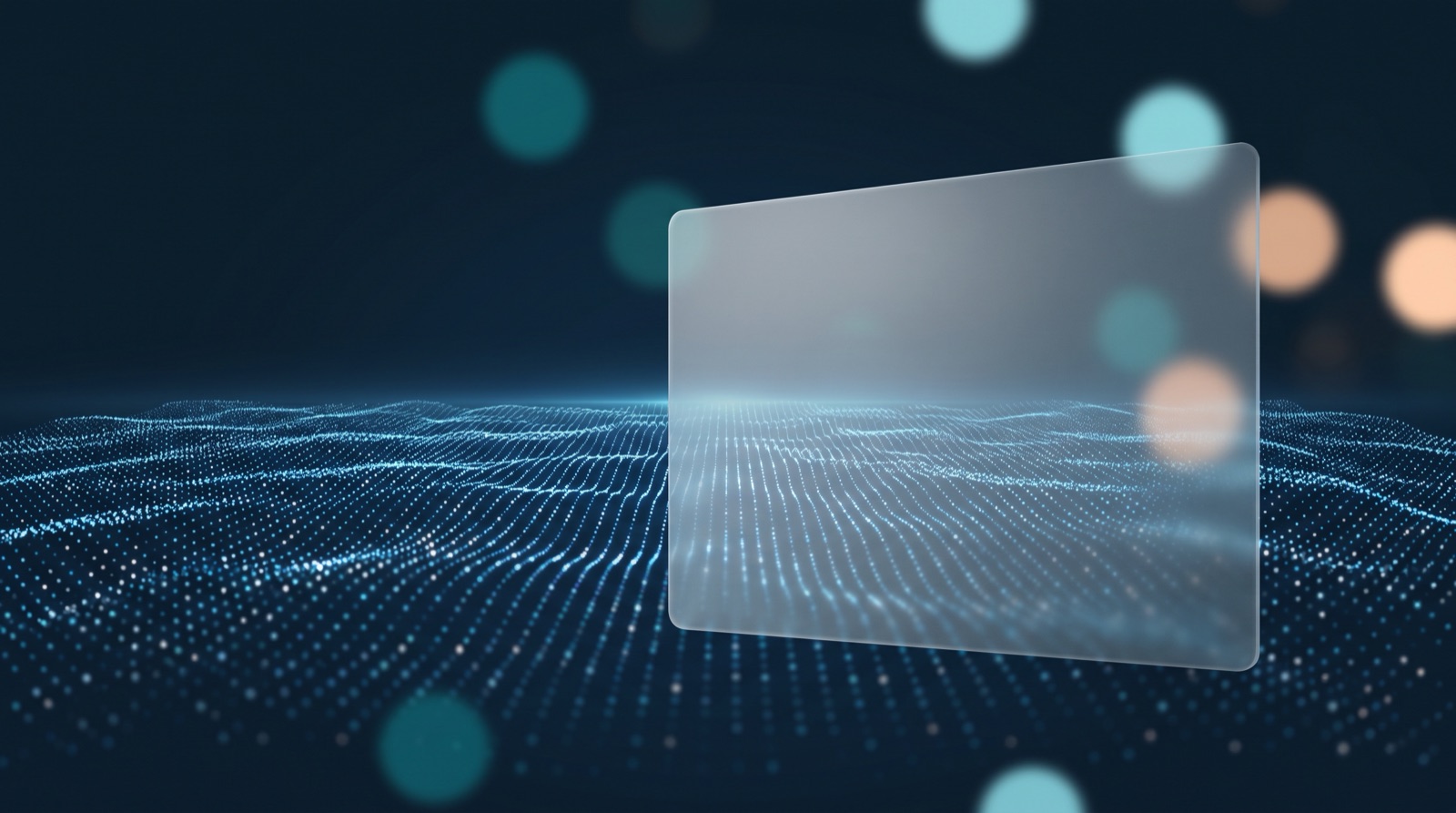 Abstract Signal and Glass illustration of a streaming dot-mesh wave of particles converging on a translucent frosted-glass panel over a deep navy field