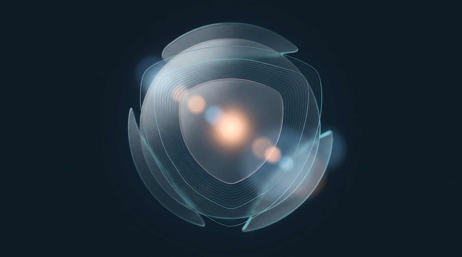 Abstract Signal and Glass illustration of concentric translucent shield-shaped glass layers over a deep navy field, with fine teal contour lines and a warm peach glow at the centre