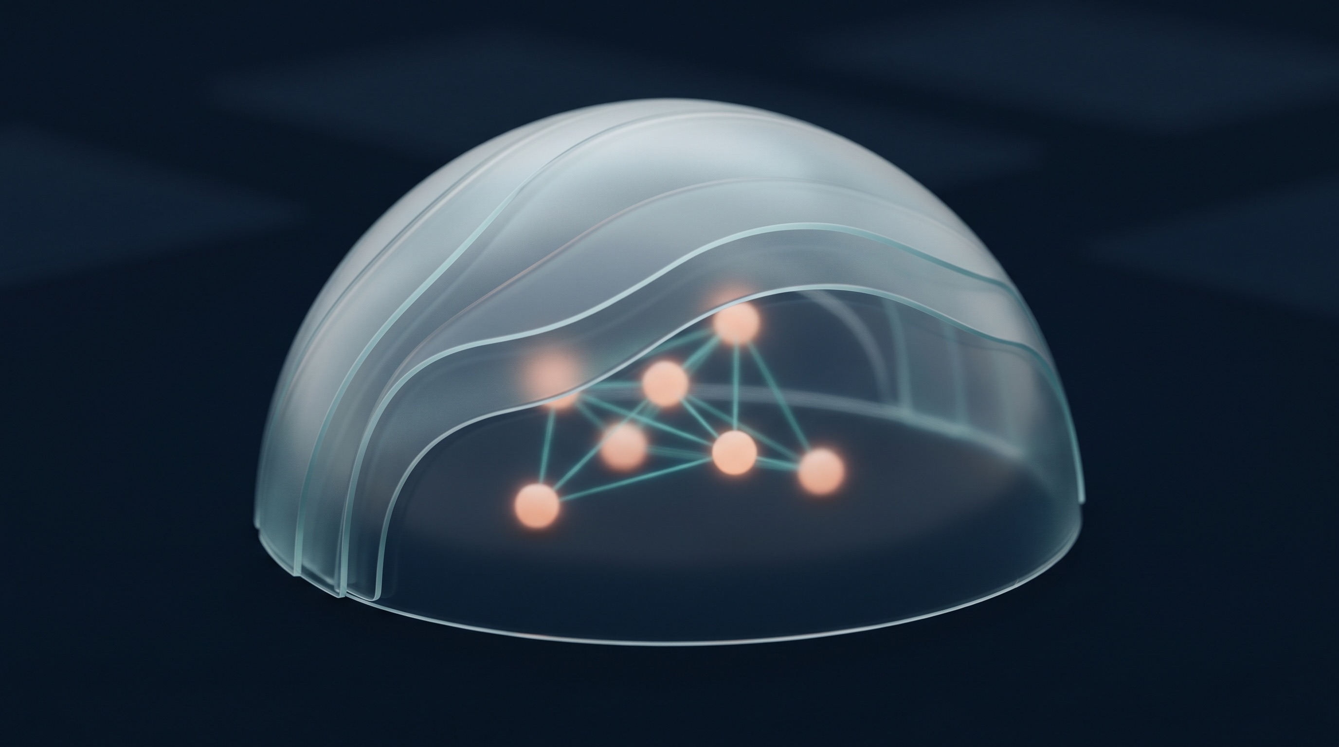 Abstract illustration of a translucent protective dome over a cluster of connected glowing nodes, suggesting a workforce protected by good security habits.