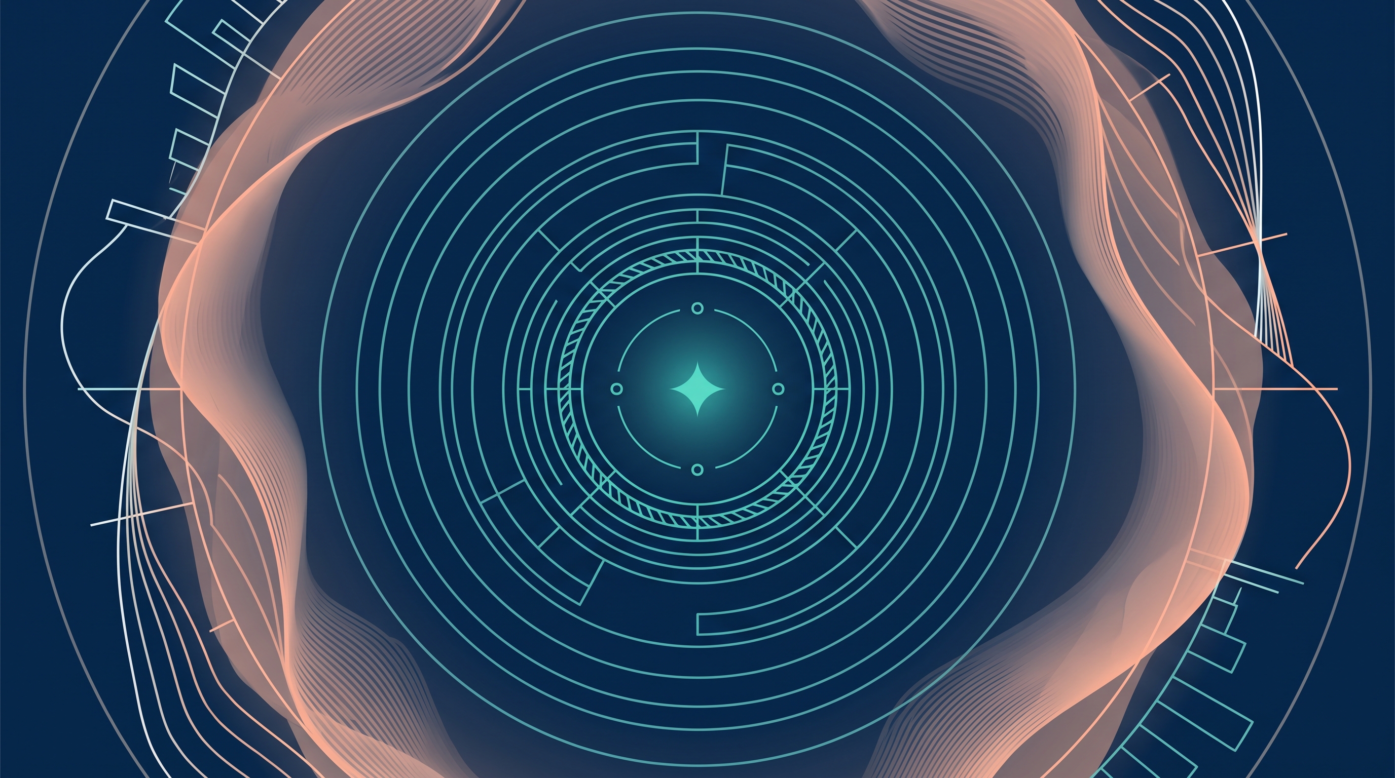 Conceptual illustration of cost ripples spreading outward from a central point of impact, rendered in deep navy with teal and peach accents, showing concentric geometric rings widening