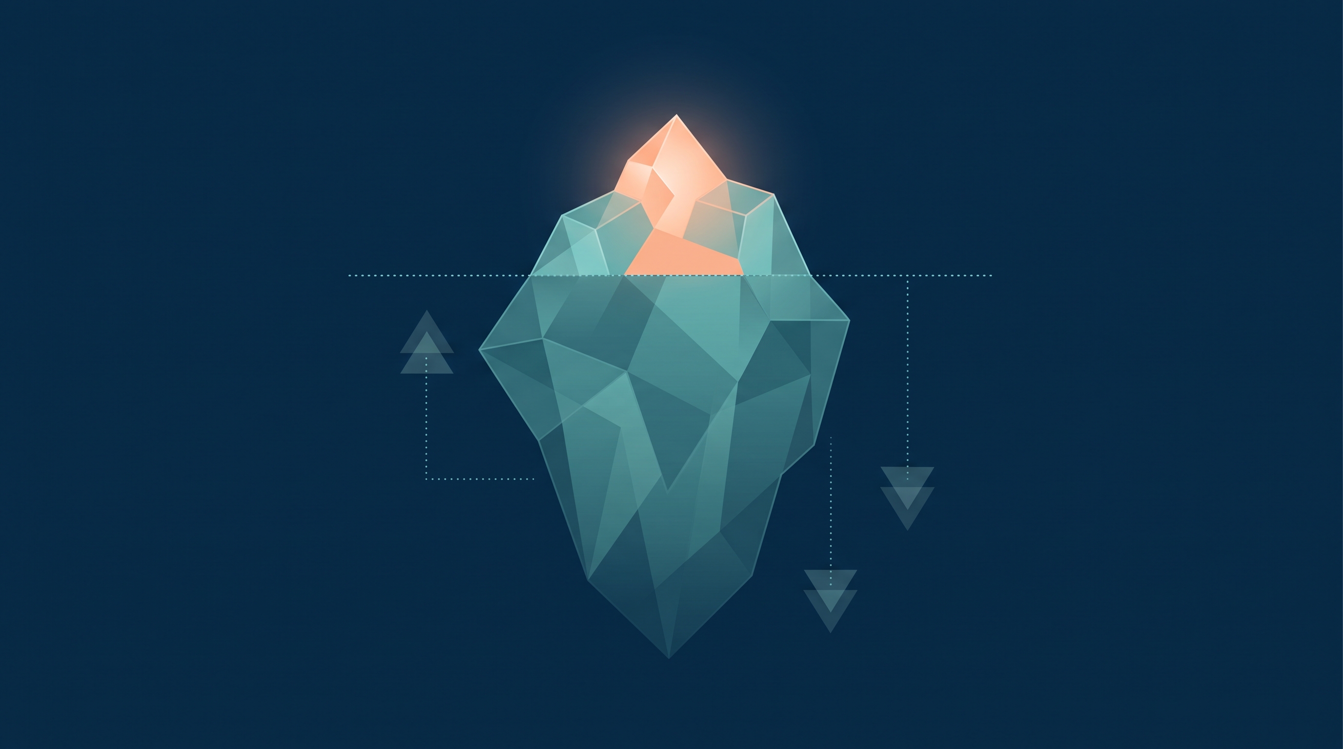 Conceptual illustration of an iceberg shape rendered in deep navy with teal and peach accents, showing a small highlighted tip above a horizontal line and a much larger mass beneath it