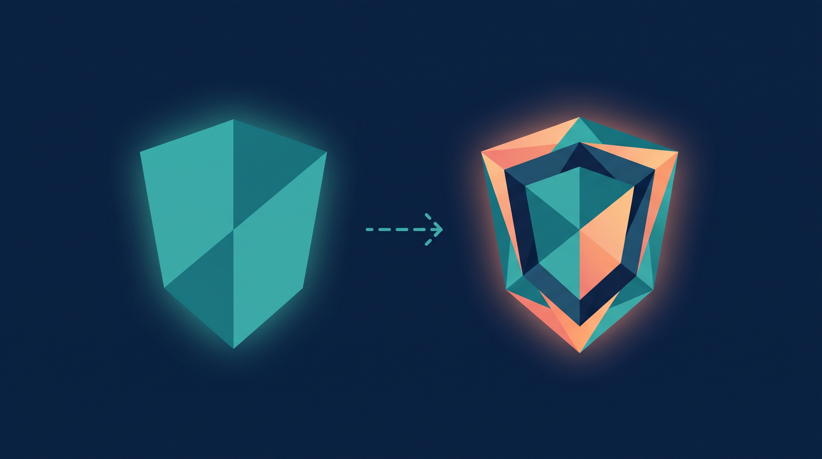 Conceptual illustration of two contrasting shield tiers, rendered in deep navy with teal and peach accents, a simpler shield on the left and a more layered shield on the right