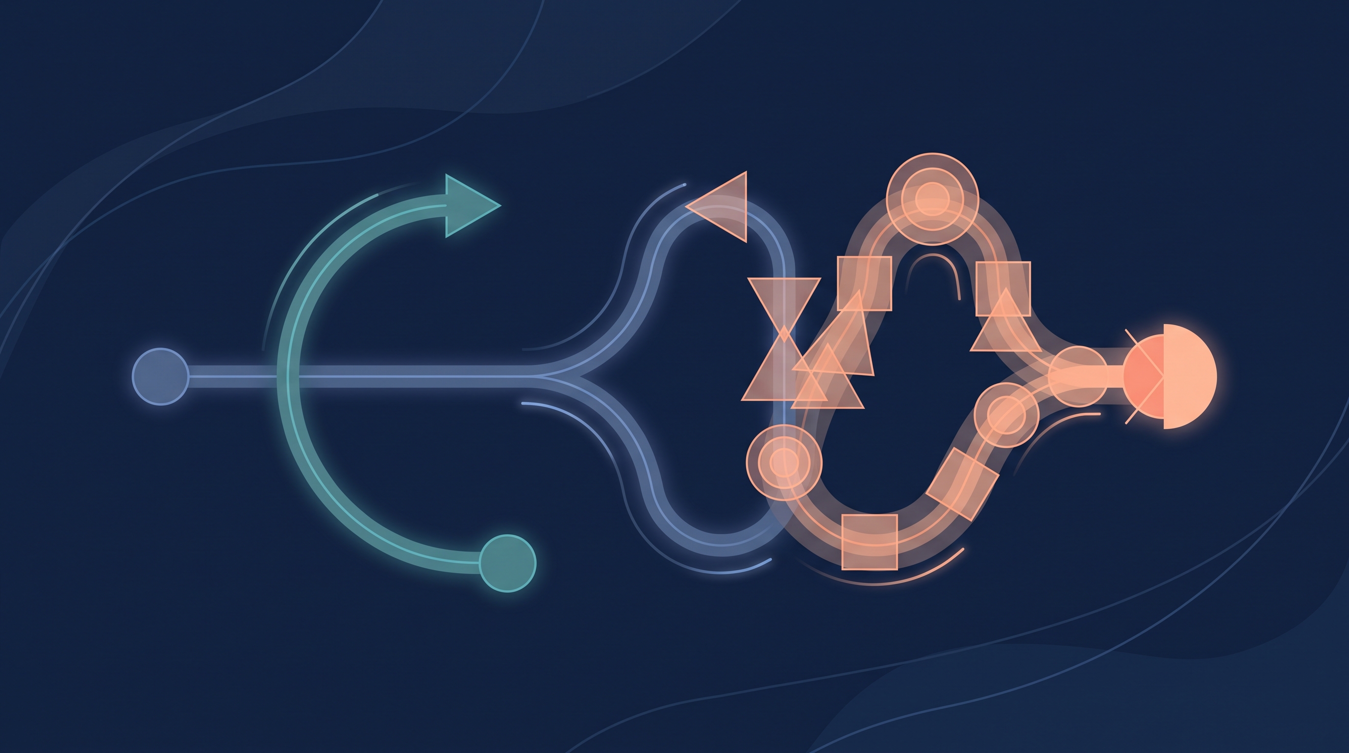 Conceptual illustration of an abstract decision fork with two branching paths, rendered in deep navy with teal and peach accents, a shorter direct route and a longer route with more checkpoints