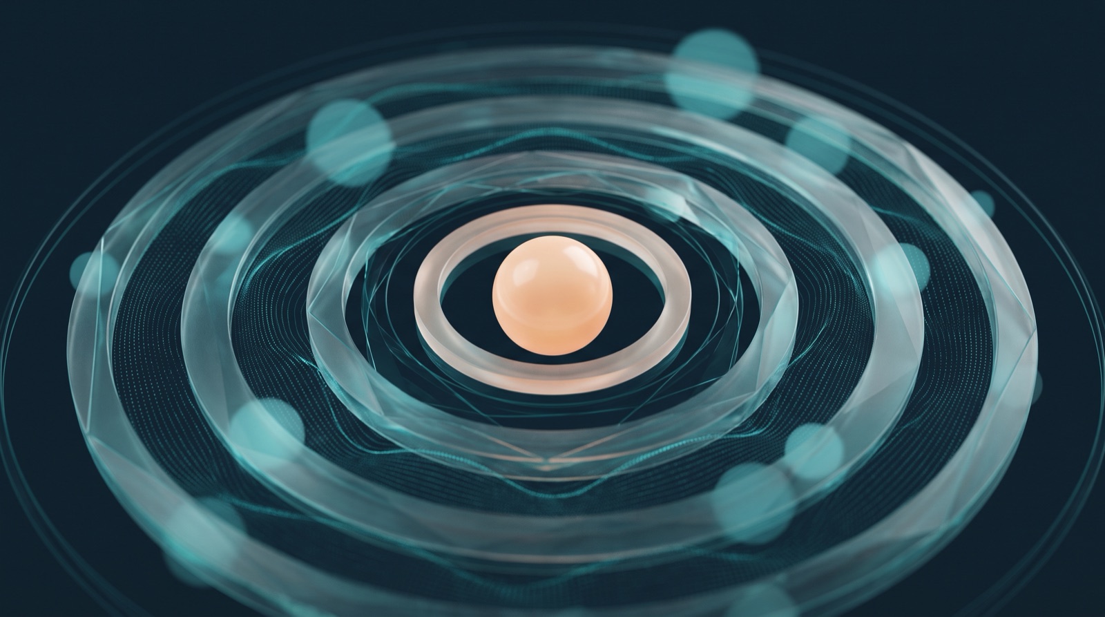 Abstract illustration of a calm central point of clarity holding steady amid concentric rings of disturbance, rendered in deep navy with teal and soft peach accents and frosted-glass panels