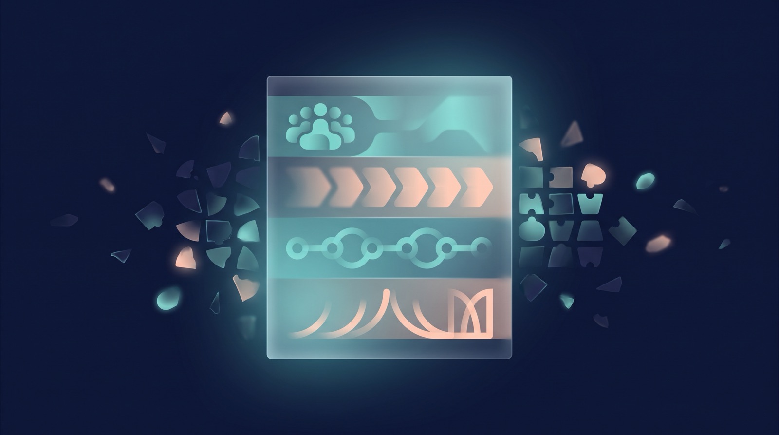 Abstract illustration of a single frosted-glass sheet divided into calm horizontal bands standing for roles, first steps, contacts, and recovery, with scattered fragments settling into order around it, rendered in deep navy with teal and soft peach accents