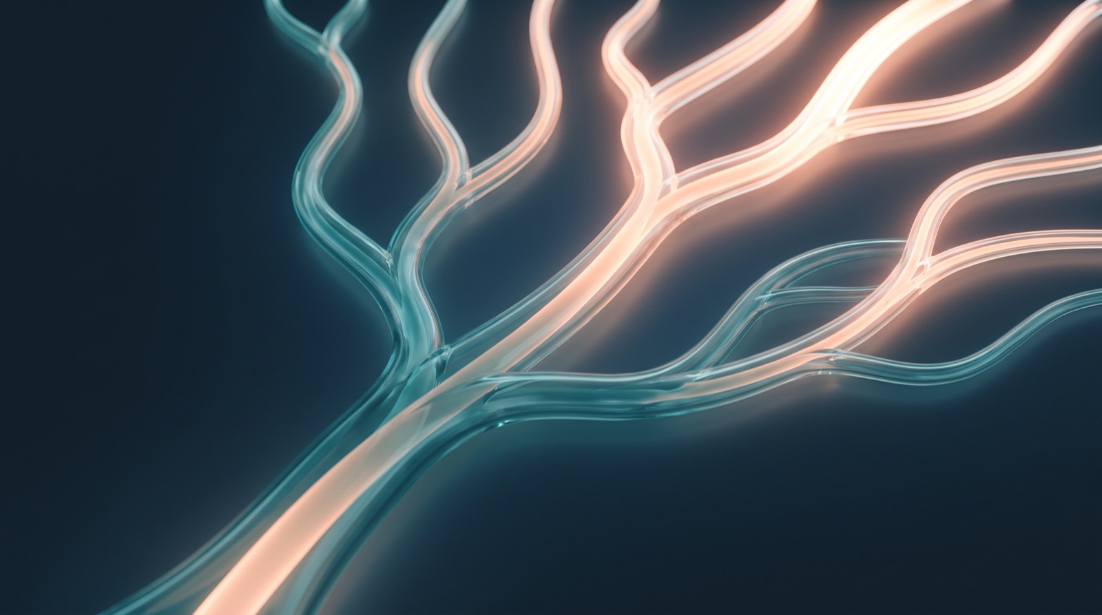Abstract illustration of a single glass channel branching upward into several brighter, higher routes.