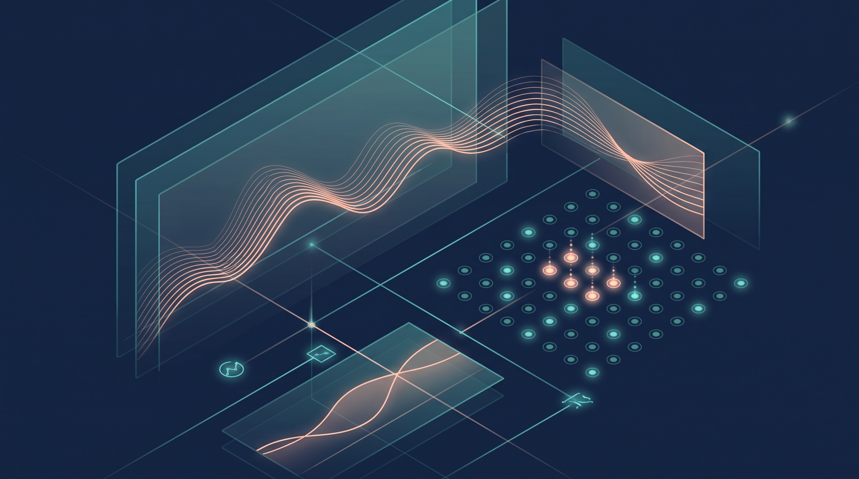Conceptual illustration of a security operations centre monitoring dashboard, rendered in deep navy with teal and peach accents, showing layered translucent screens and a grid of alert indicators