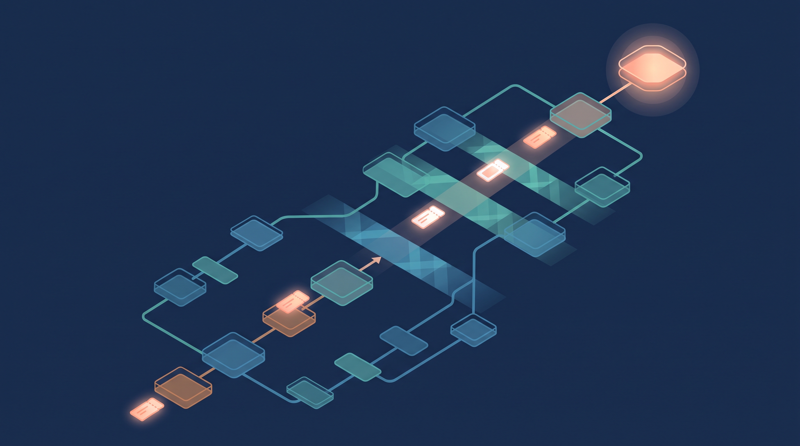 Conceptual illustration of an escalation pathway, rendered in deep navy with teal and peach accents, showing geometric nodes rising through filtering layers toward a highlighted point
