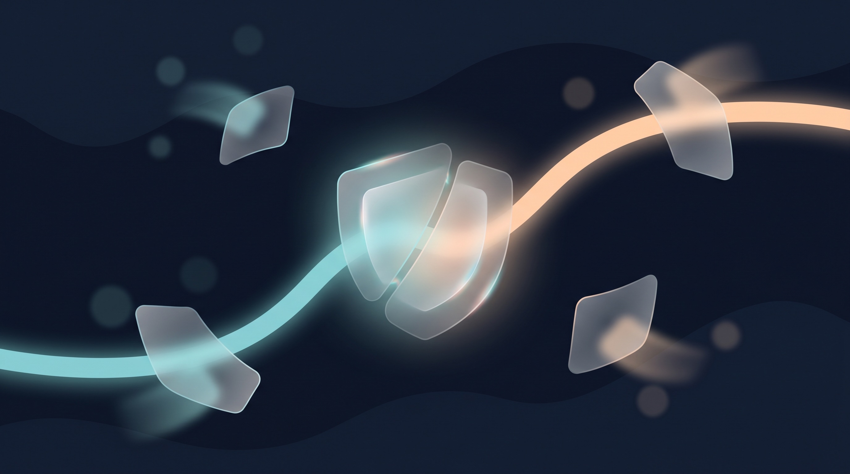 Abstract illustration of two converging glowing paths over a deep navy field, one teal and one warm peach, meeting at a shielded core.