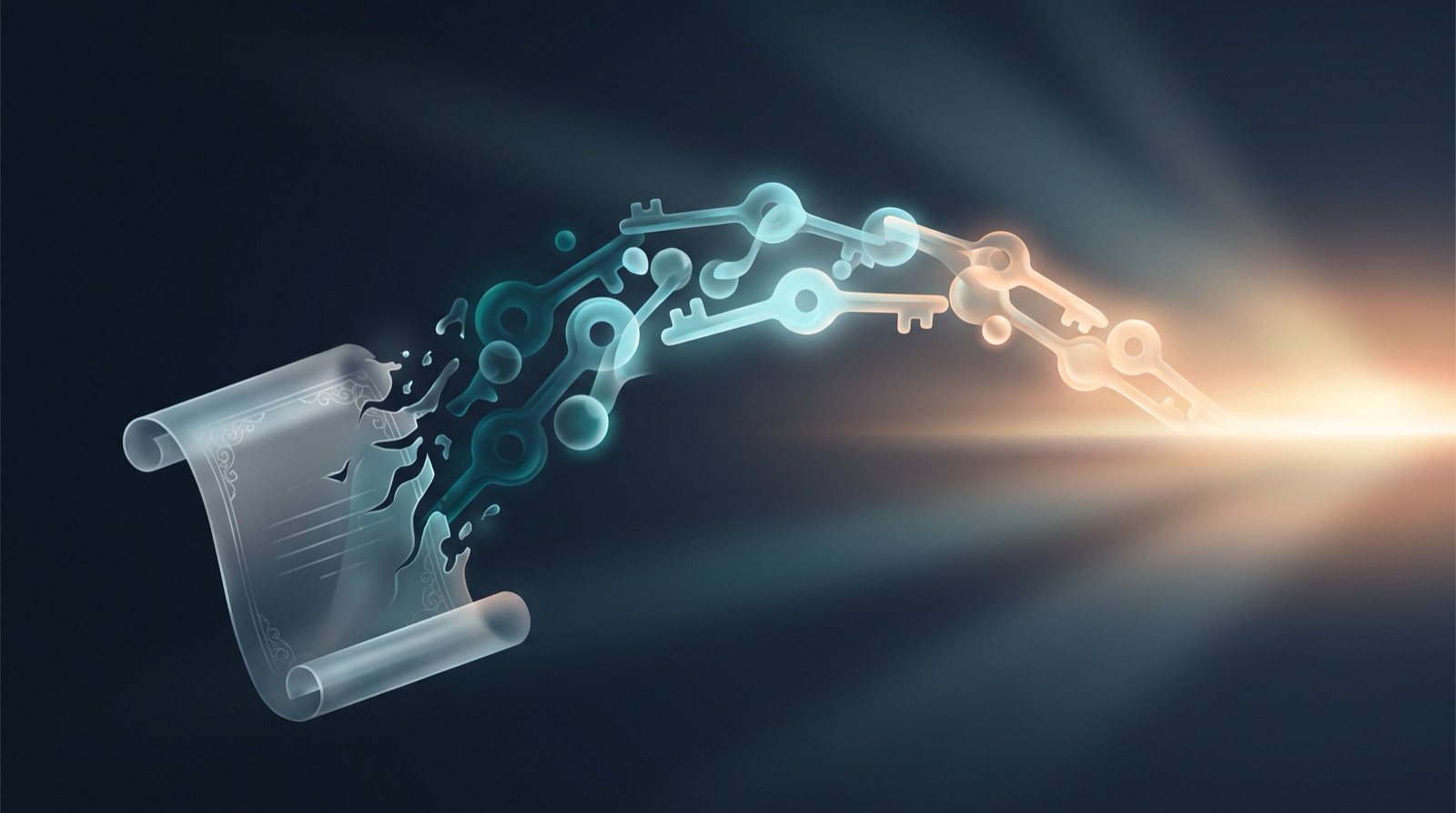 Abstract illustration of a translucent glass certificate dissolving into a bridge of glowing keys that arcs towards a bright horizon, suggesting that demonstrable skills, not a qualification, open the door.