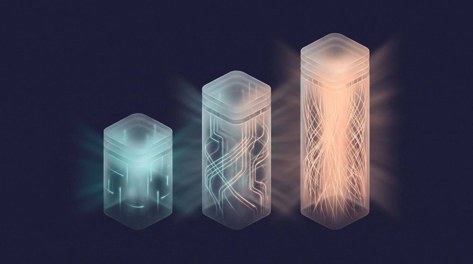 Abstract illustration of three ascending frosted-glass columns, cool and sparse on the left and taller, warmer and densely threaded with glowing lines on the right, suggesting coding intensity rising by role from governance to offensive work.