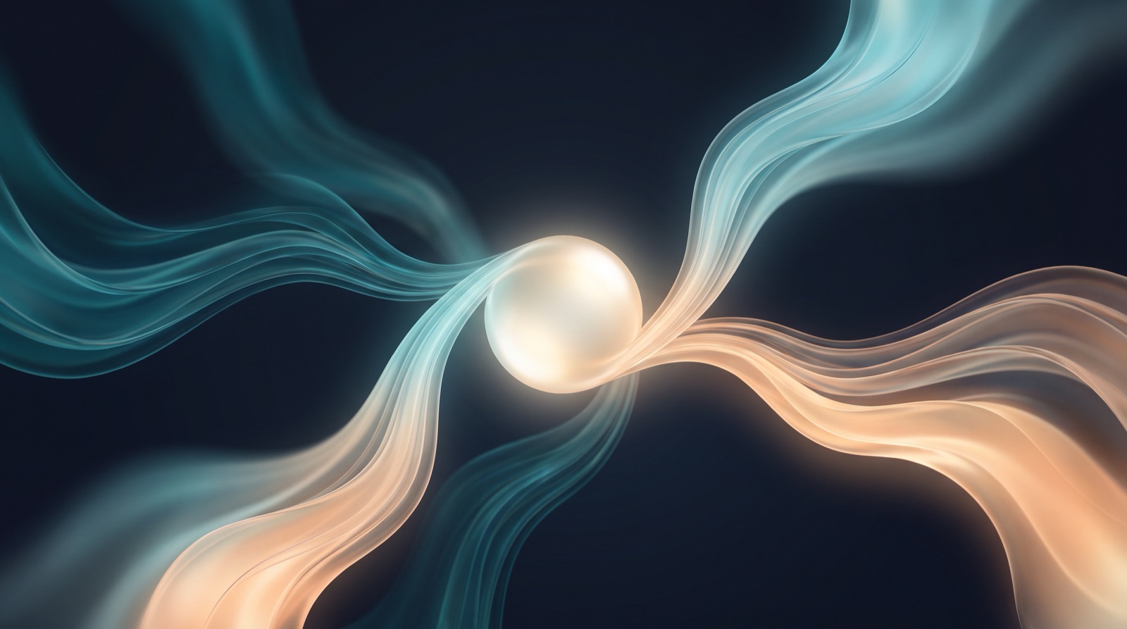 Abstract illustration of four glowing teal and peach ribbons flowing in from the edges and converging into a single bright central node, suggesting several hiring signals combining into one decision.