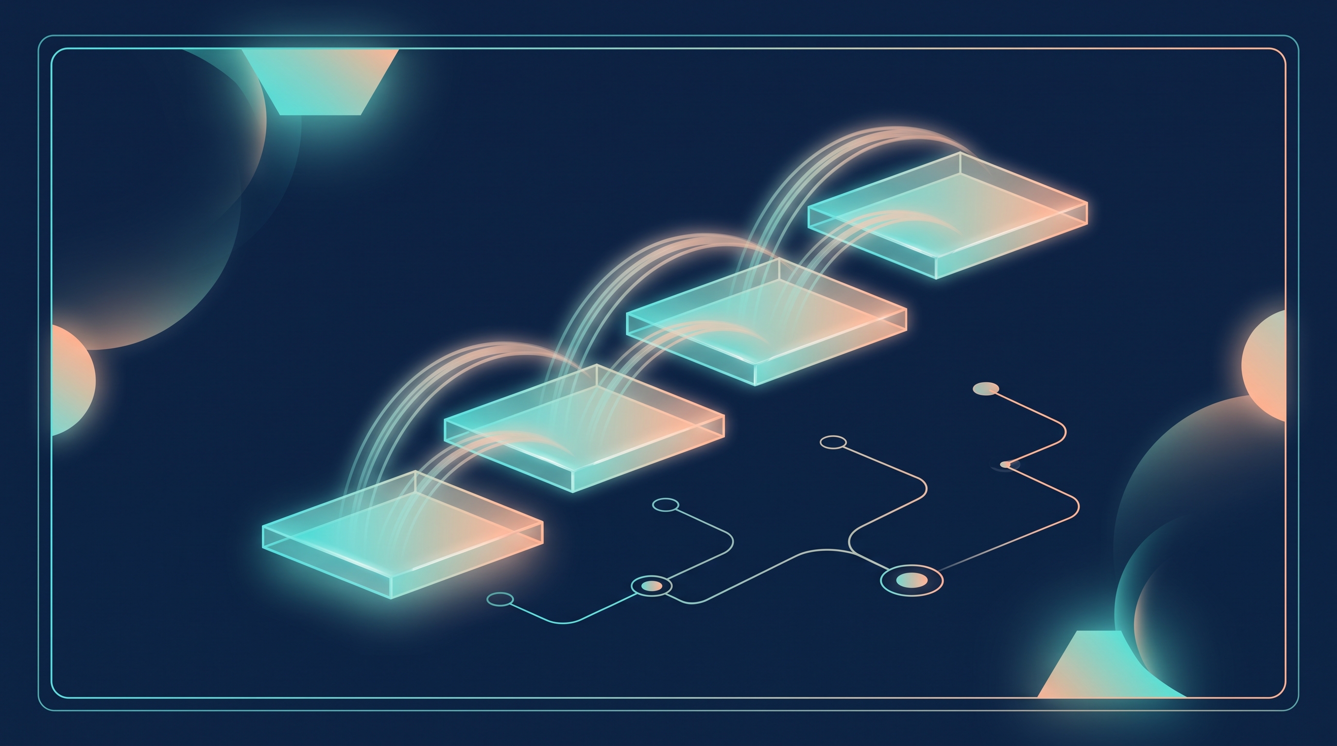 Abstract illustration of a rising staircase-like ramp of four glowing translucent platforms ascending left to right, rendered in deep navy with teal and peach accents, suggesting the four overlapping stages of a career switch building toward a first role.