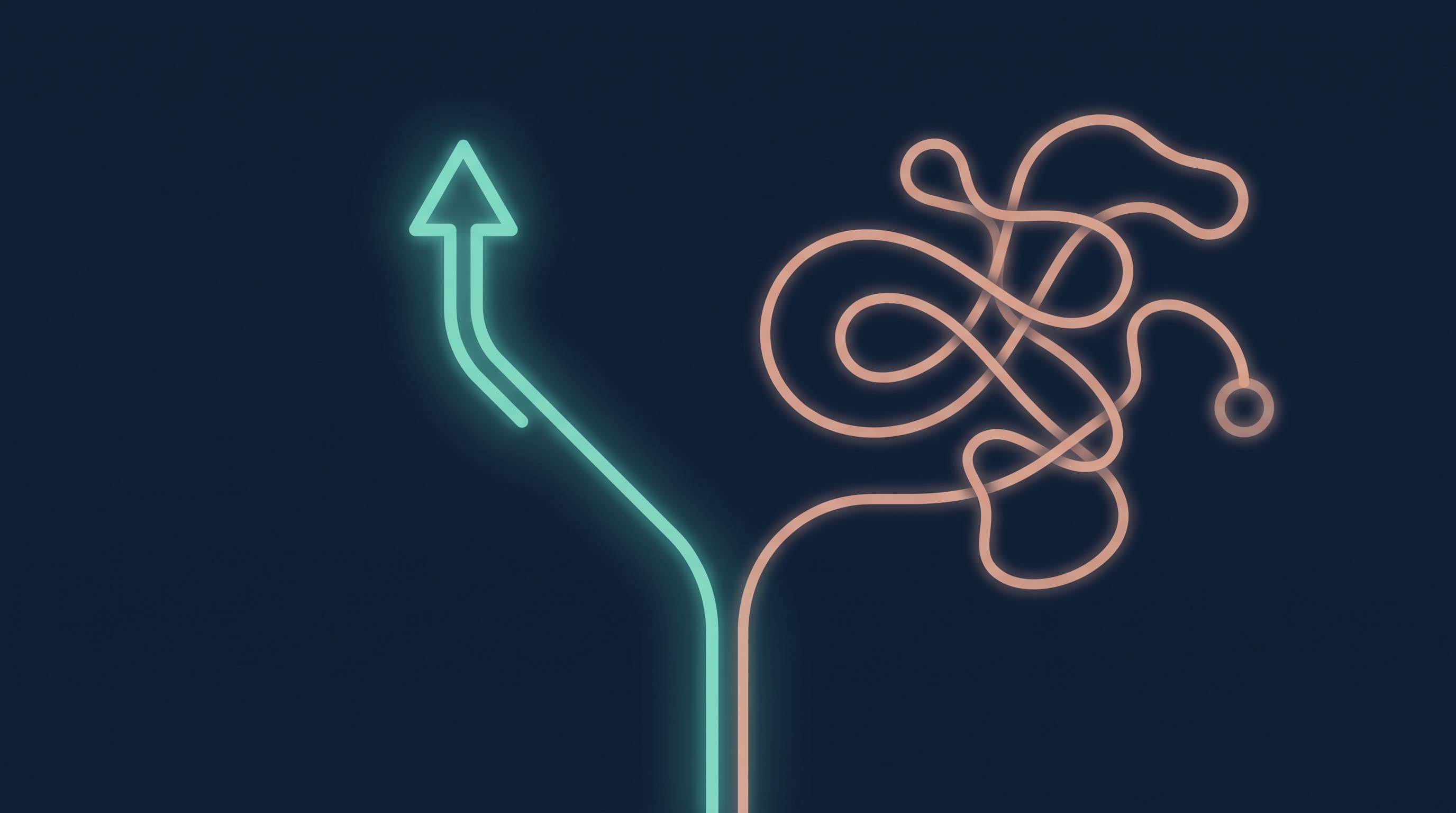 Abstract illustration of two diverging paths, one short and direct in teal light and one long and tangled in dim peach light, rendered in deep navy with teal and peach accents, suggesting the difference between a focused route and a meandering one.