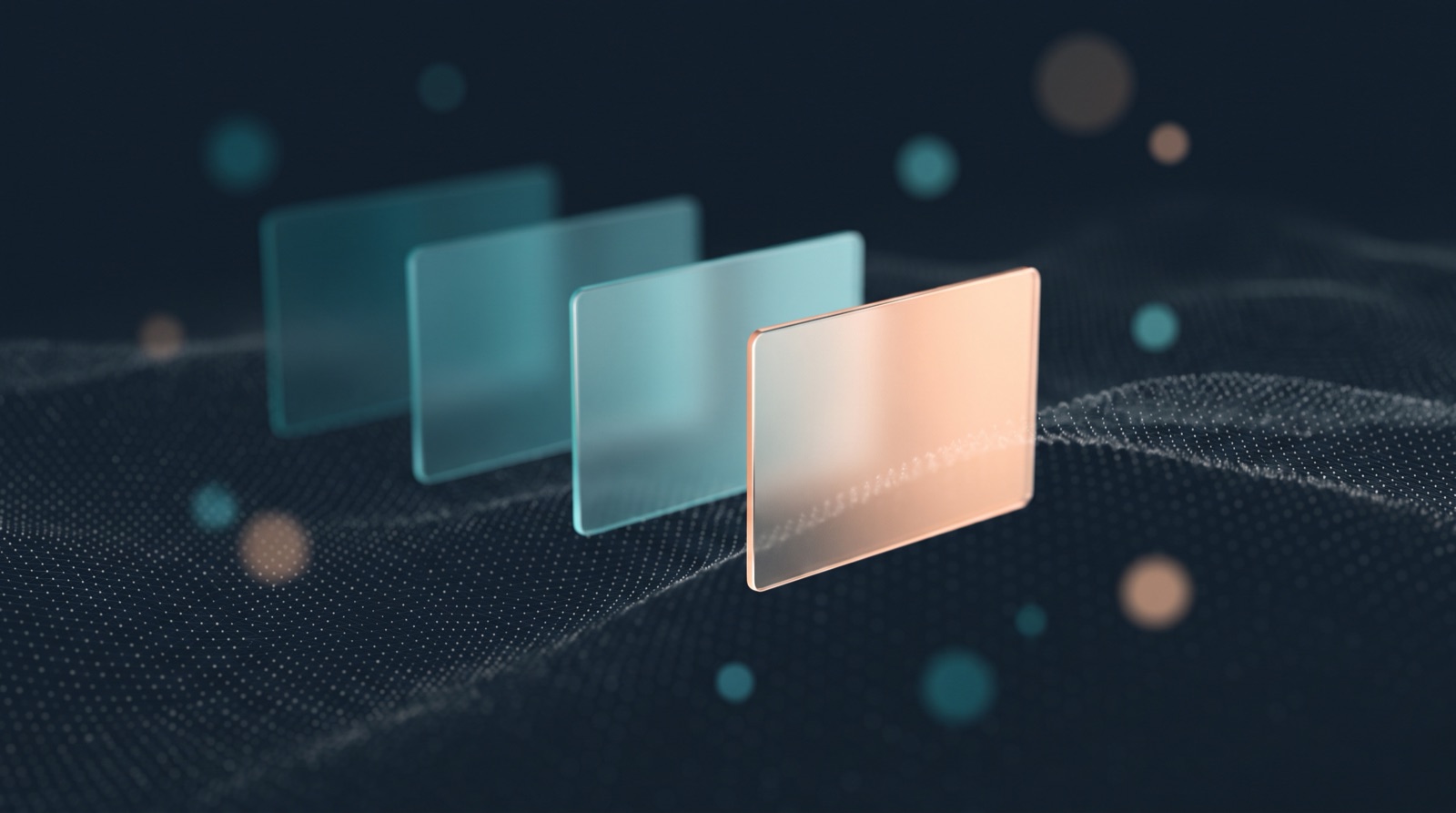 Four translucent glass panels floating above a dark blue dot-mesh wave, three of them soft and out of focus in teal while the nearest panel resolves into sharp focus with a warm peach glow