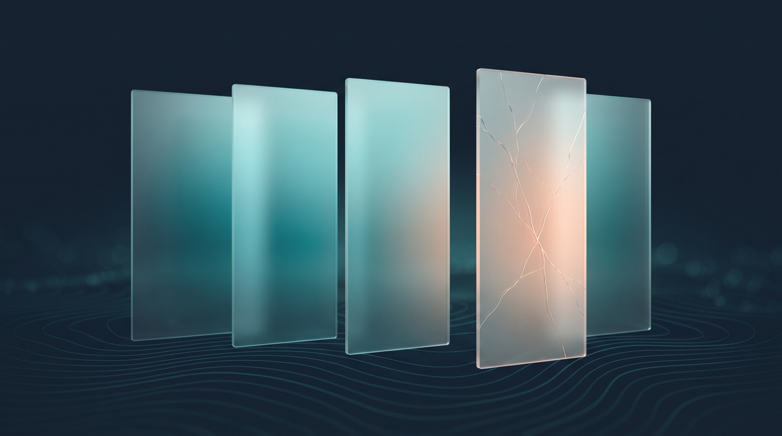 Five tall frosted-glass panels standing in a deep navy field lit from behind in teal, four of them smooth and evenly lit while the panel nearest the viewer is spread with fine hairline fractures catching a warm peach glow