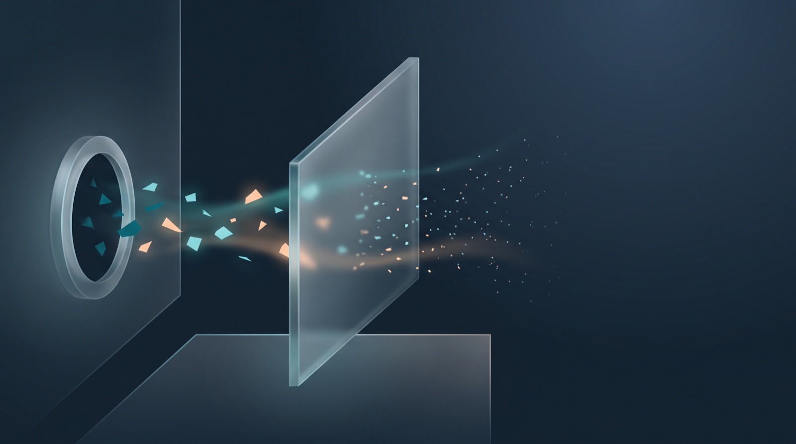Conceptual illustration of small teal and peach fragments of light drifting out through an opening, passing a frosted glass pane and dispersing beyond it, rendered in deep navy