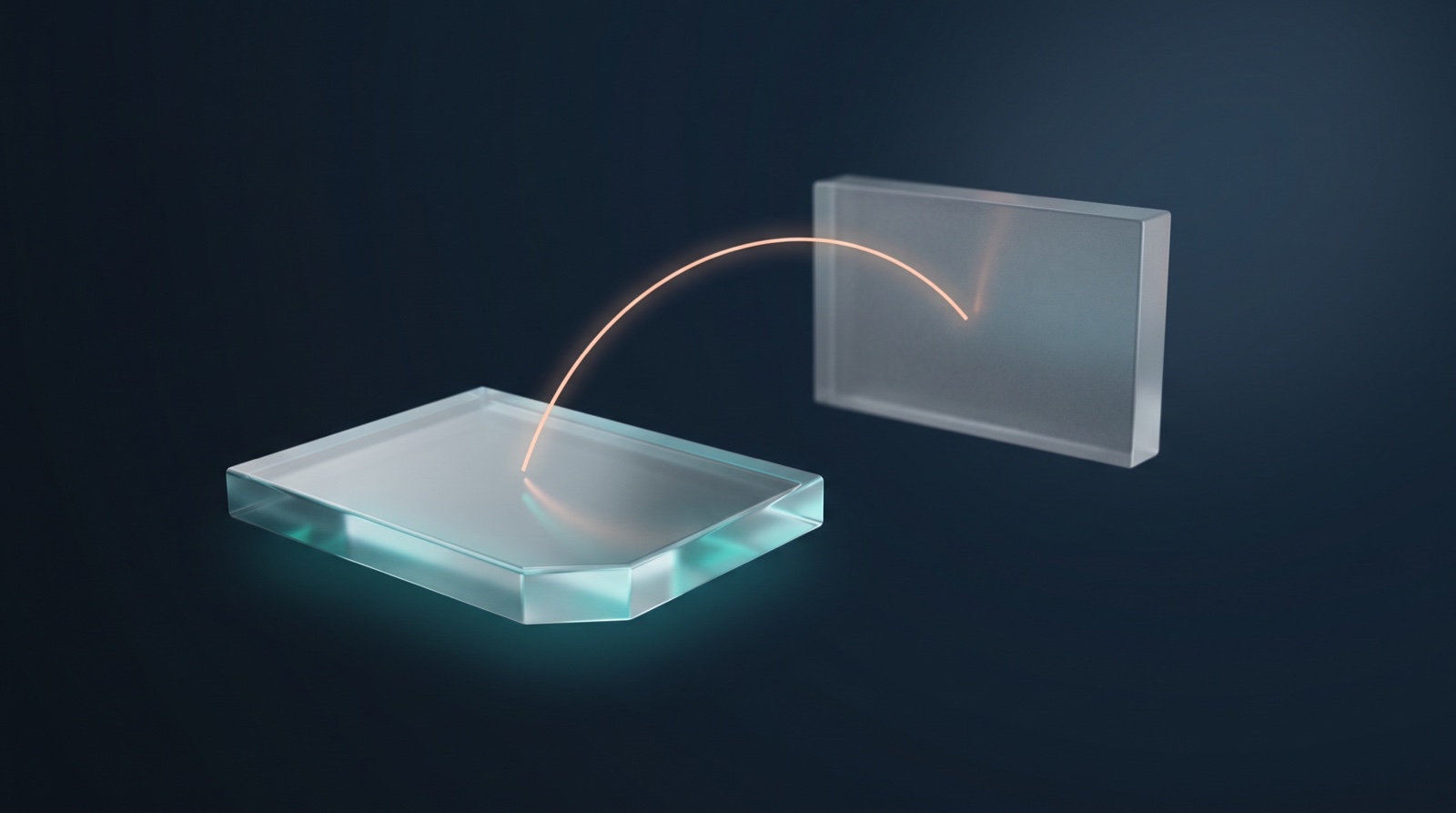 Conceptual illustration of a polished frosted glass panel catching the light, with a thin peach line arcing from it back to a plainer anchored block behind, rendered in deep navy with teal accents