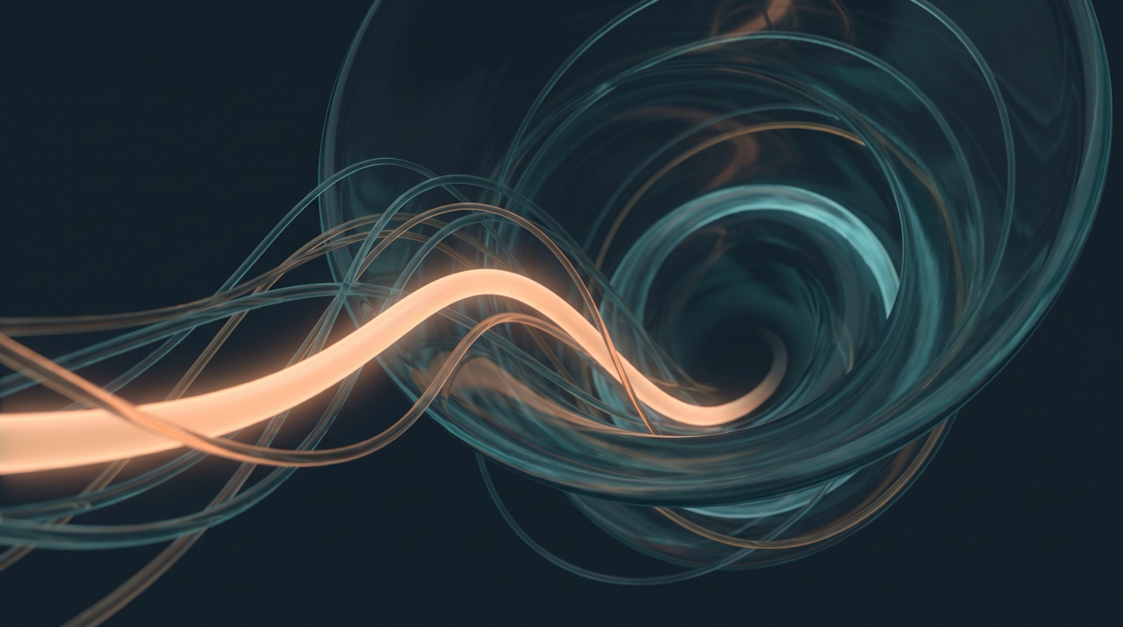 Abstract illustration of a glowing thread being drawn slowly into a dark whirl as fainter threads tangle around it.