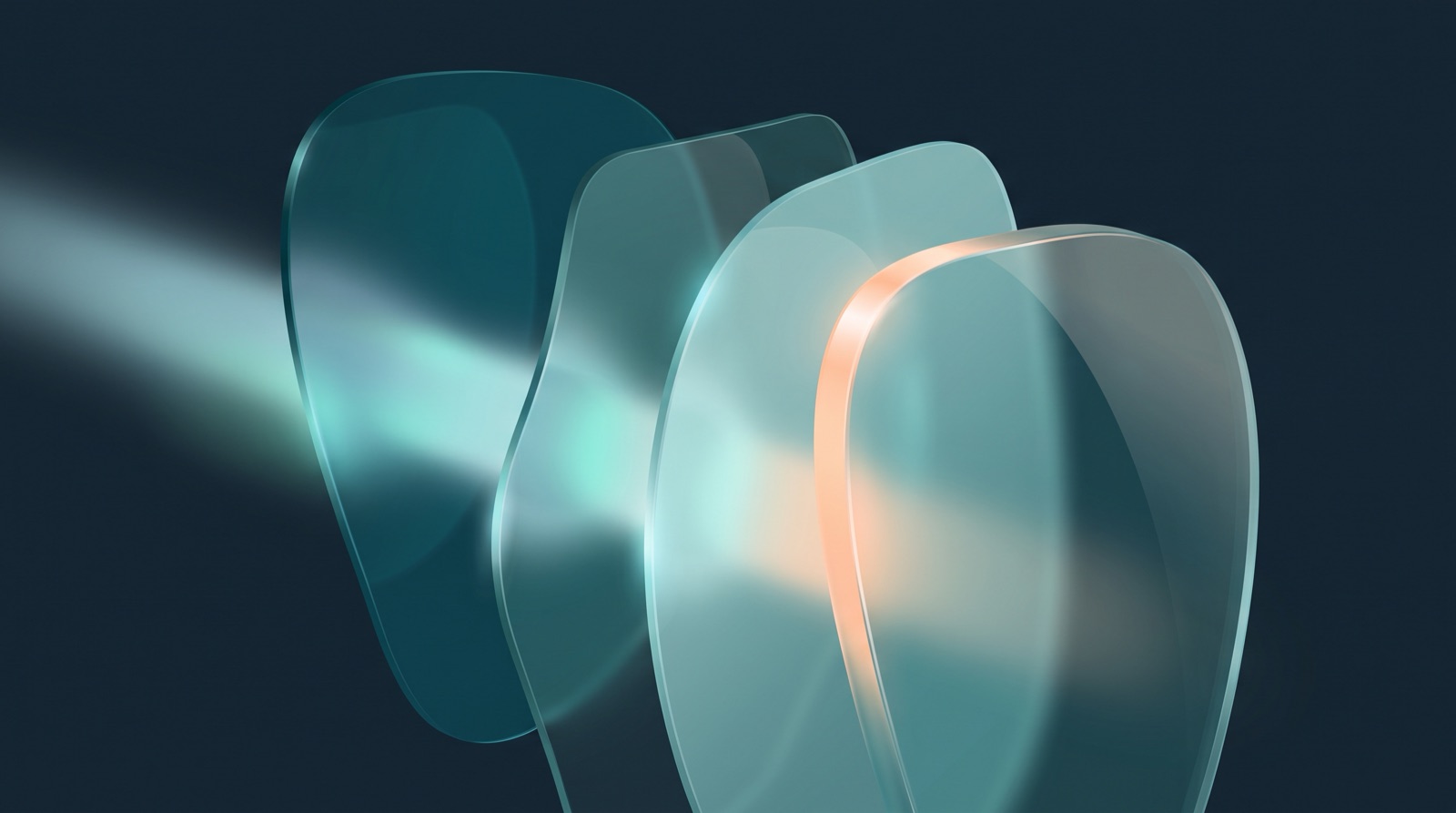 Abstract illustration of several layered translucent glass panels standing one behind another, with light verified at each layer.