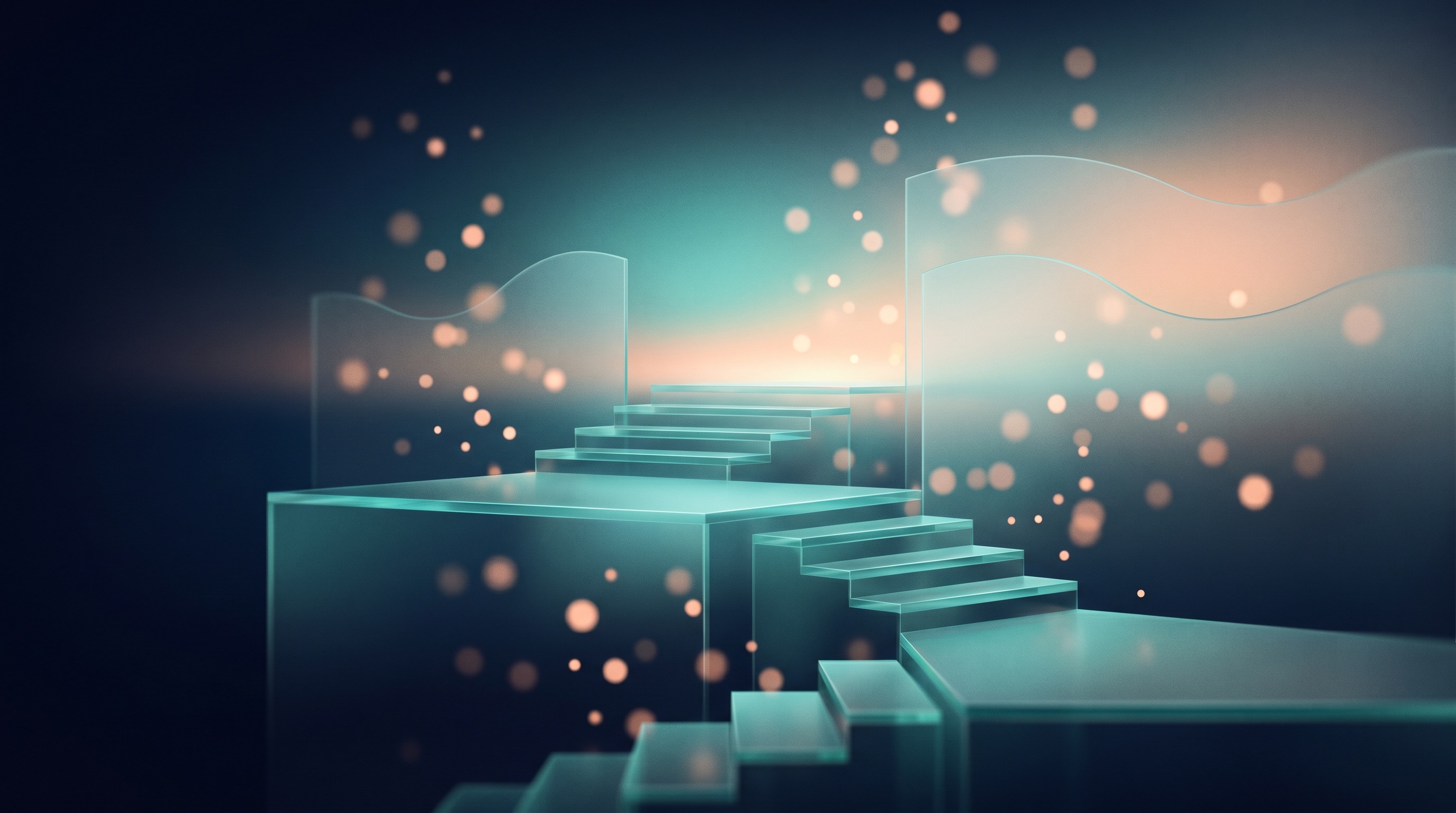 Abstract illustration of glowing glass steps ascending towards a bright horizon, suggesting career growth and opportunity.