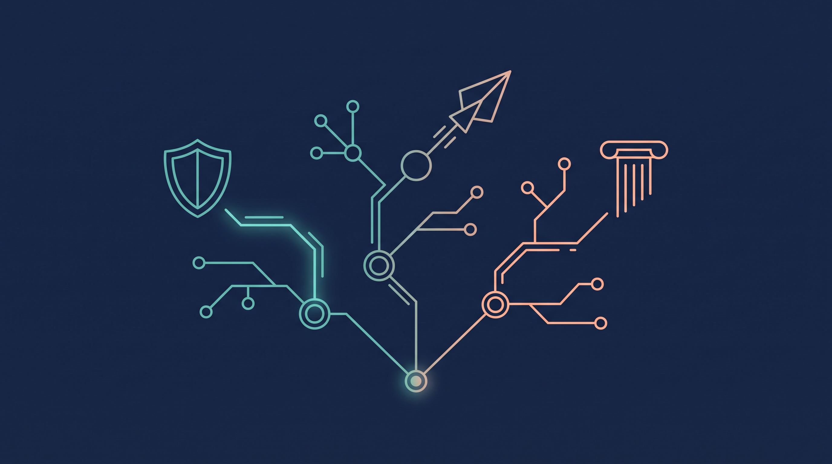 Abstract illustration of a single glowing line branching into multiple diverging paths, rendered in deep navy with teal and peach accents, representing the defence, offence and governance tracks a cybersecurity career can take.