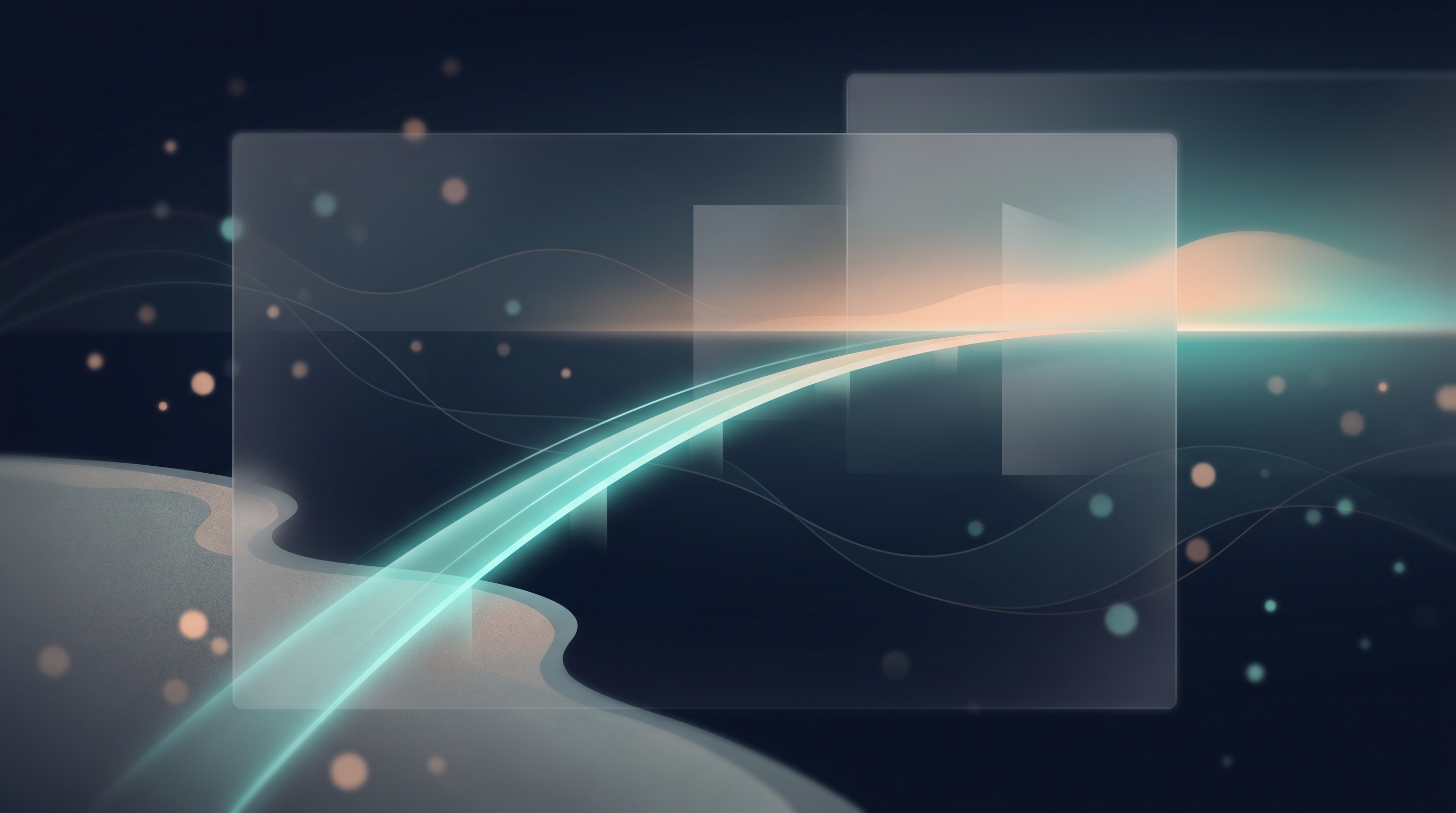 Abstract illustration of a glowing path bridging a career change into cybersecurity, rising from a quiet shore towards a bright horizon.