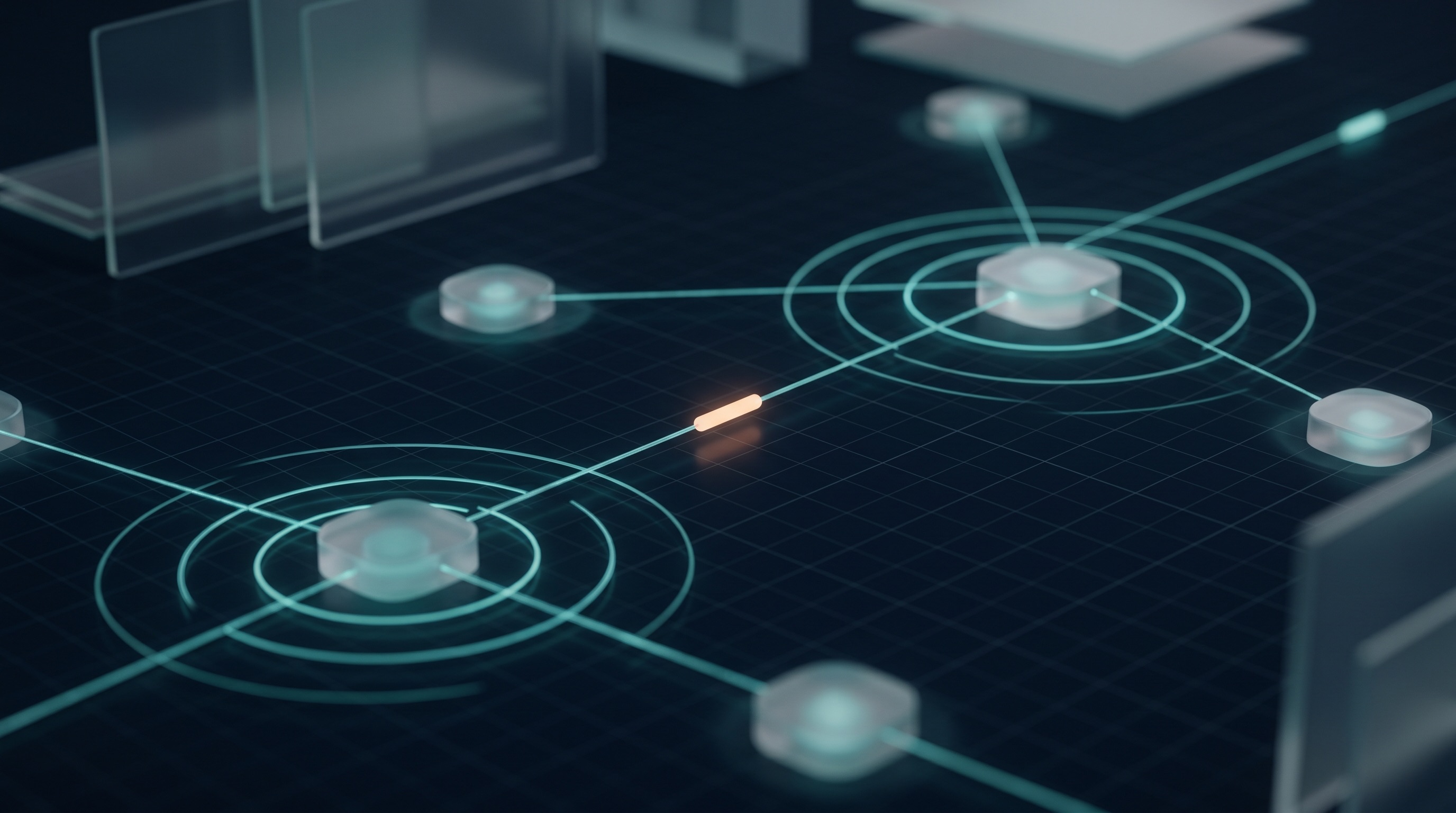 Abstract security operations illustration: radar rings and glowing network nodes connected by fine lines, with a single warm accent pulse travelling between them.