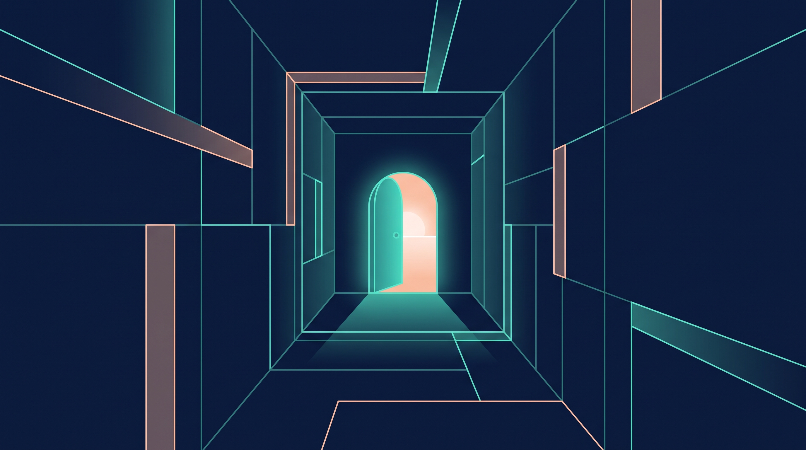 Abstract illustration of a single glowing teal door opening onto a bright peach horizon within a darker navy corridor, rendered in deep navy with teal and peach accents, suggesting a path that looks closed until you actually try it.