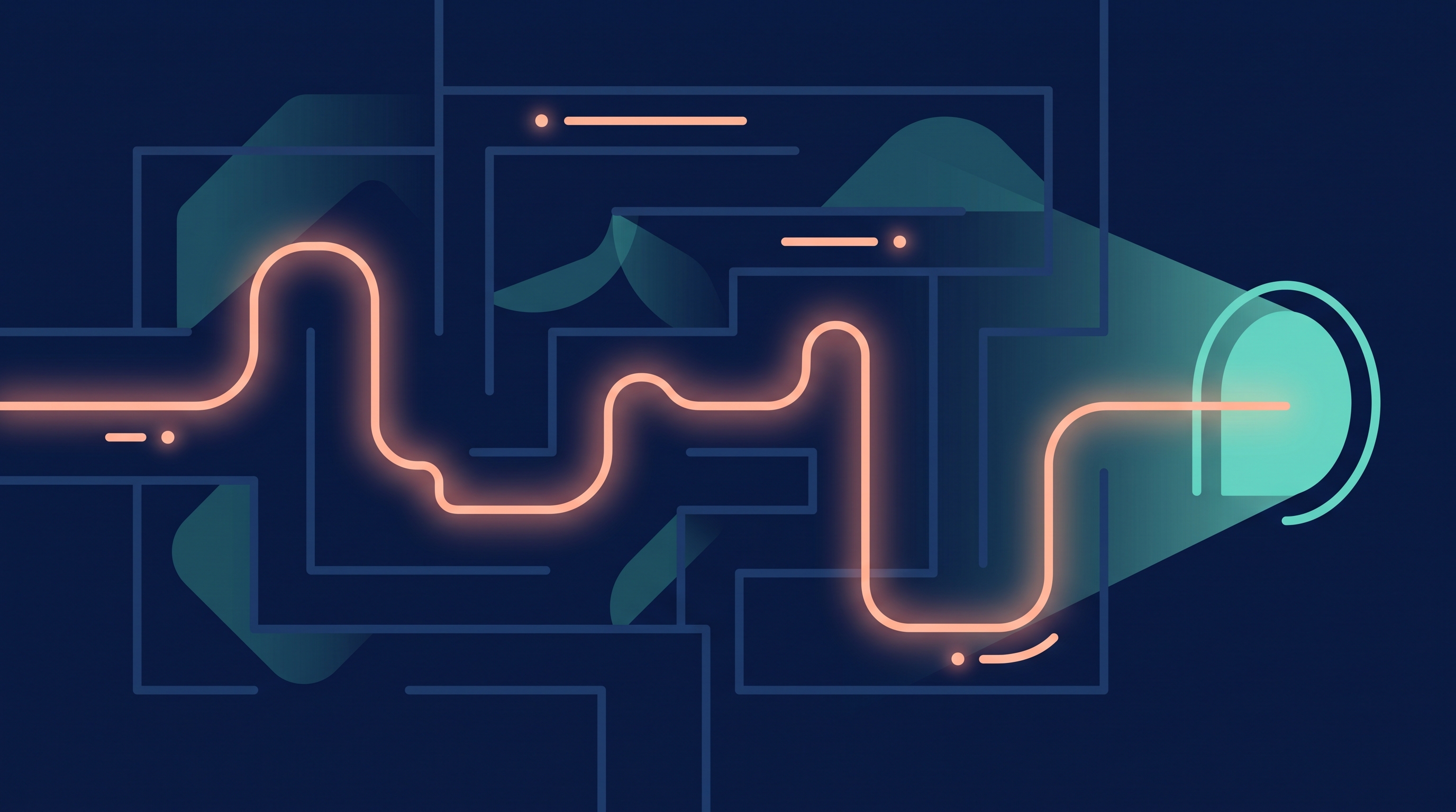 Abstract illustration of a single glowing peach thread weaving steadily through a dark navy maze toward a bright teal exit, rendered in deep navy with teal and peach accents, suggesting steady effort carrying someone through to a role on the other side.
