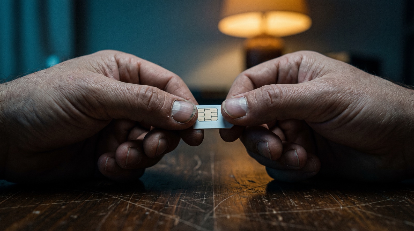 Close-up photograph of two anonymous hands exchanging a small SIM card across a dark table, no faces visible