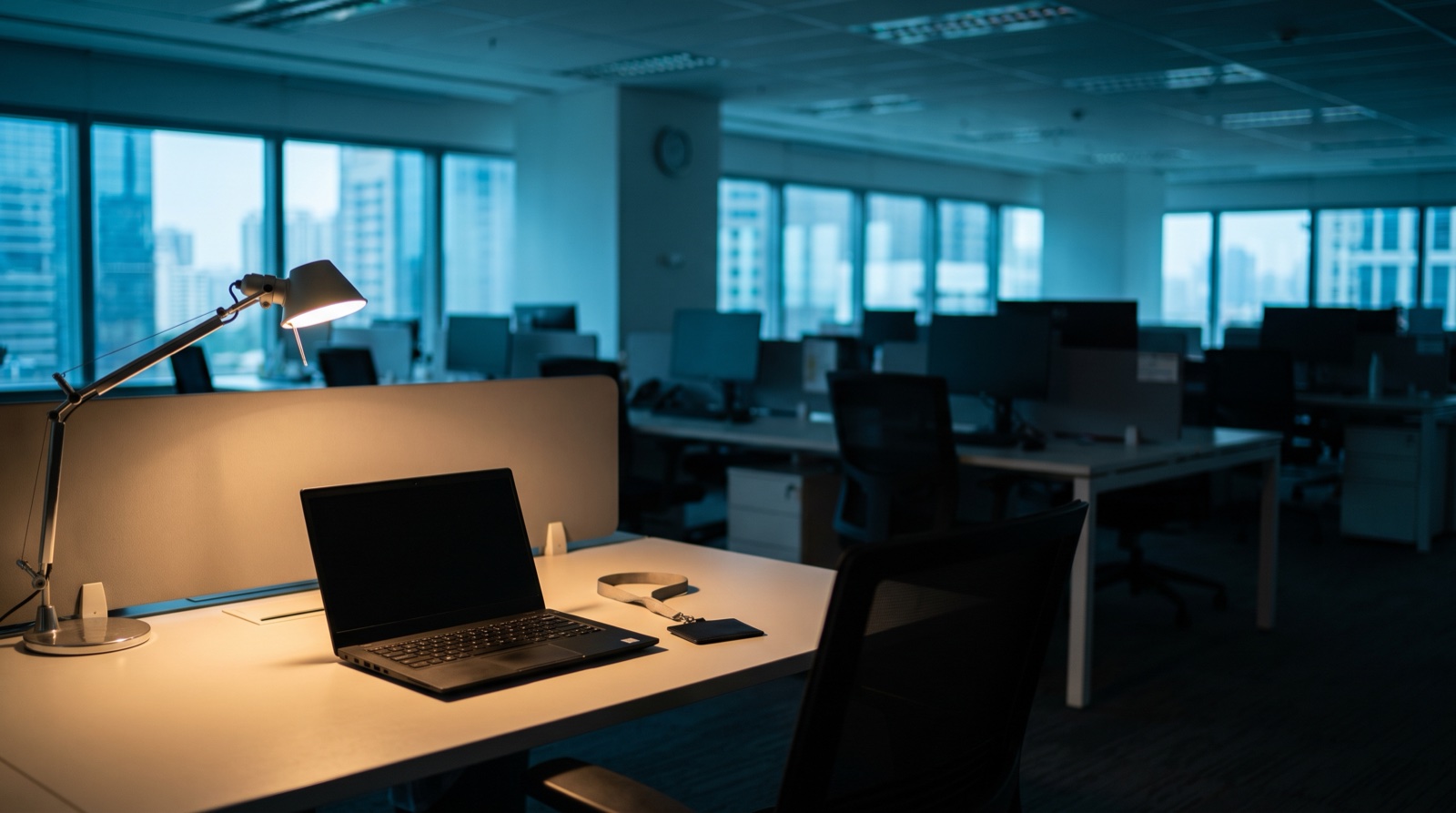 Photograph of an empty Singapore office desk at dusk, a closed unbranded laptop and an access lanyard left alone under a desk lamp, the rest of the office dark and empty