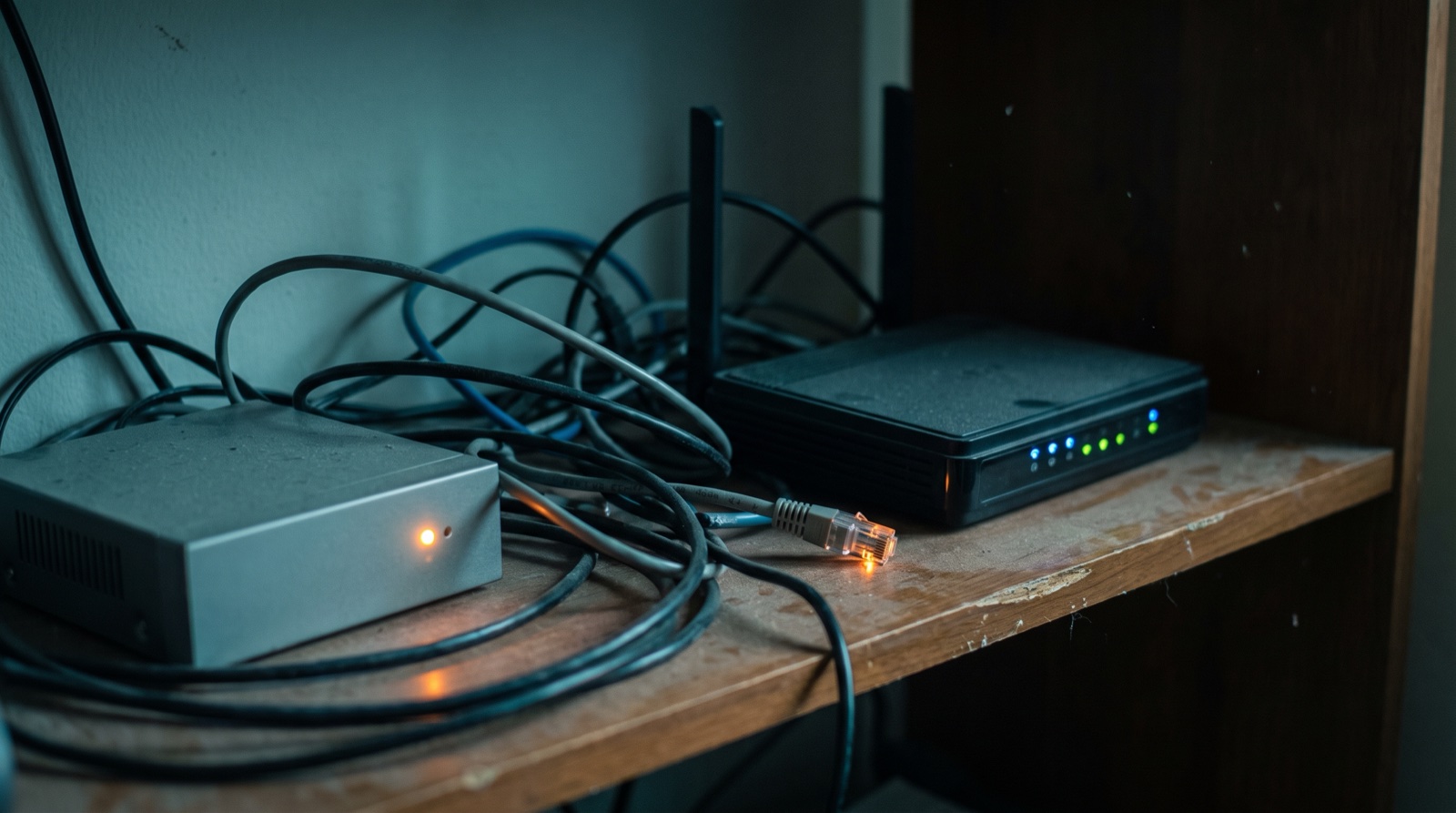 Photograph of a cluttered, dusty home network shelf with an unbranded router and recorder box and tangled cables, in dim lighting