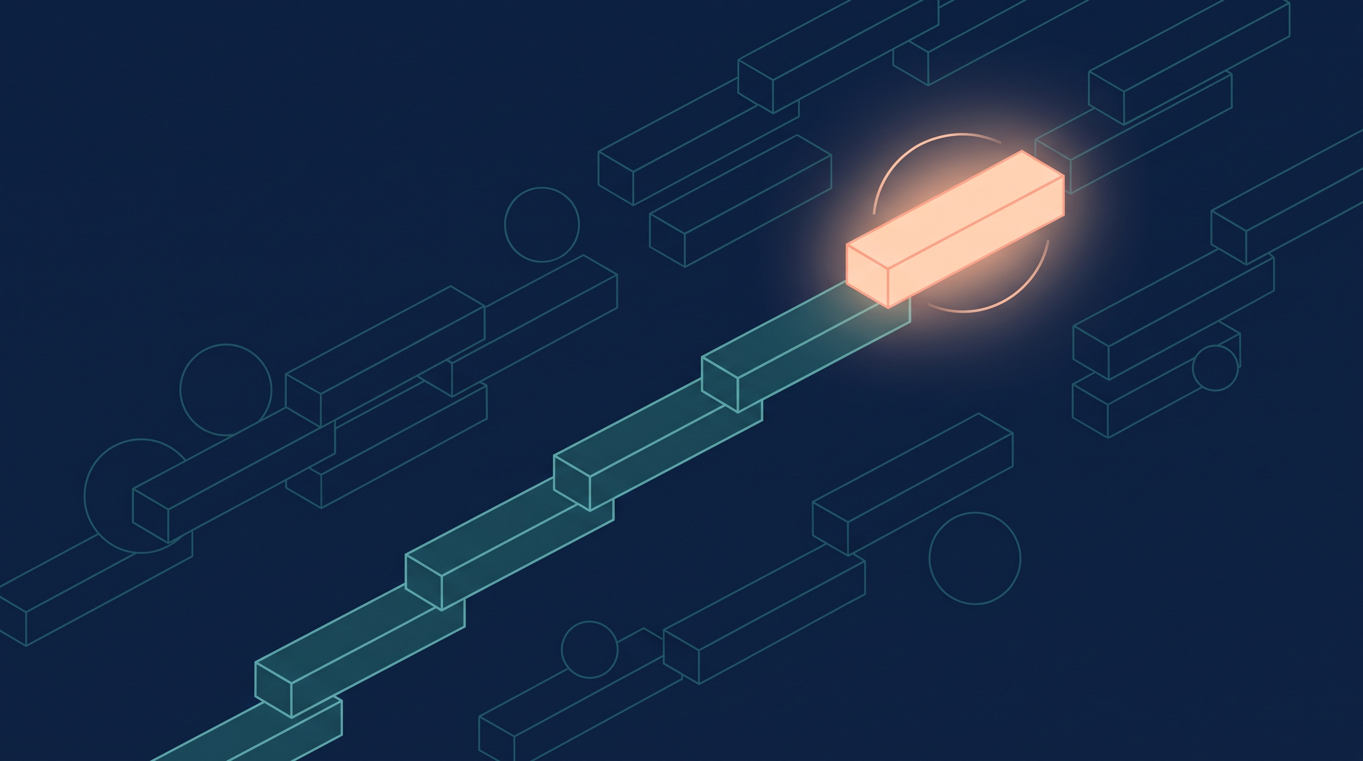 Conceptual illustration of a labour market signal, rendered in deep navy with teal and peach accents, showing a staircase of geometric bars with one bar highlighted near the top