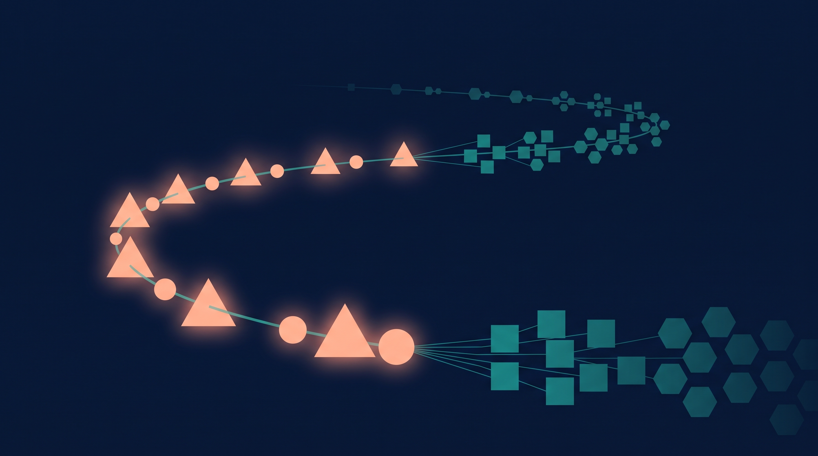 Conceptual illustration of a timeline path with geometric waypoint markers, rendered in deep navy with teal and peach accents, early markers glowing and later markers clustering densely