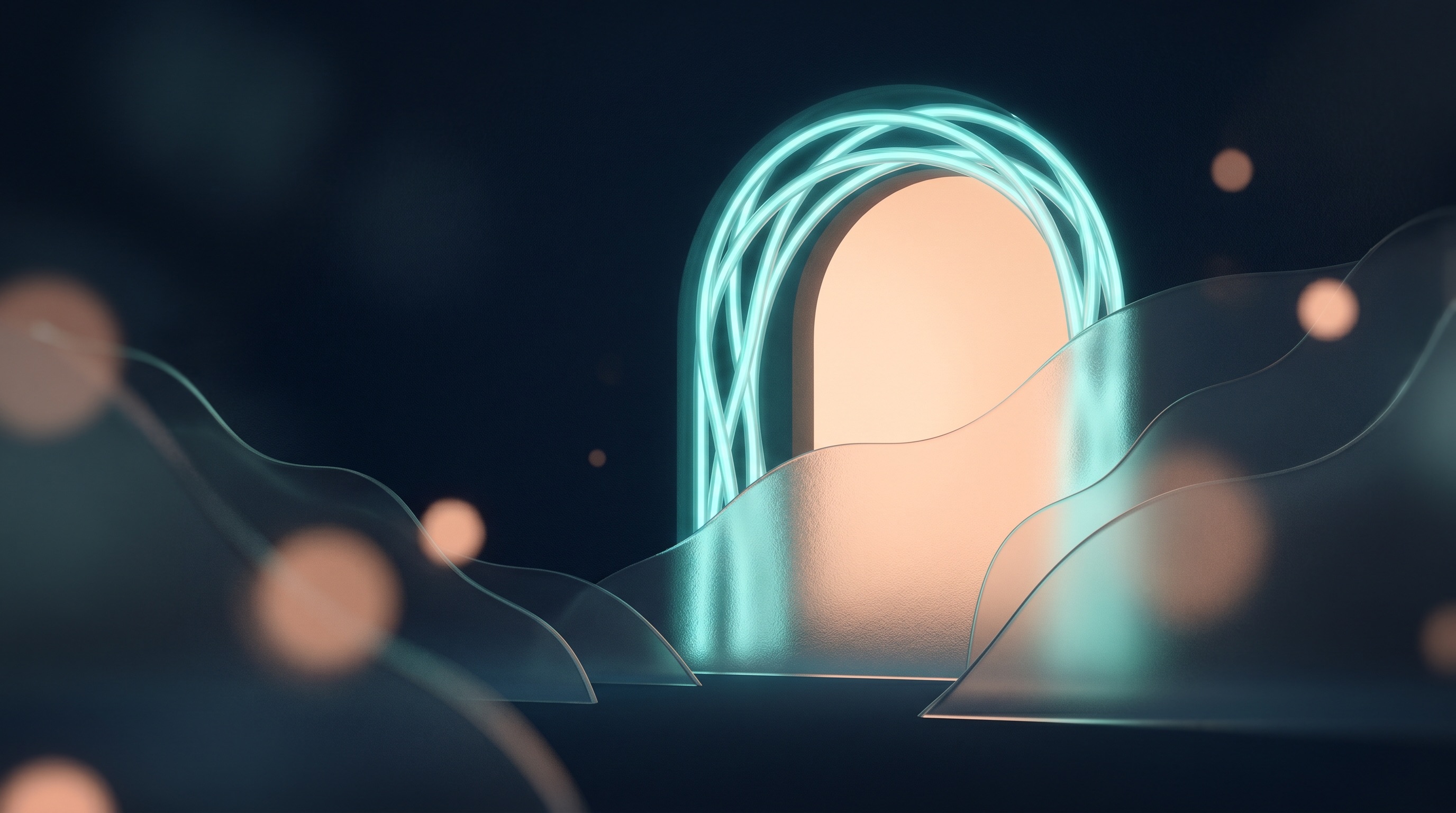 Abstract illustration of a glowing gateway opening onto a warm light, suggesting access and opportunity unlocked through funding.