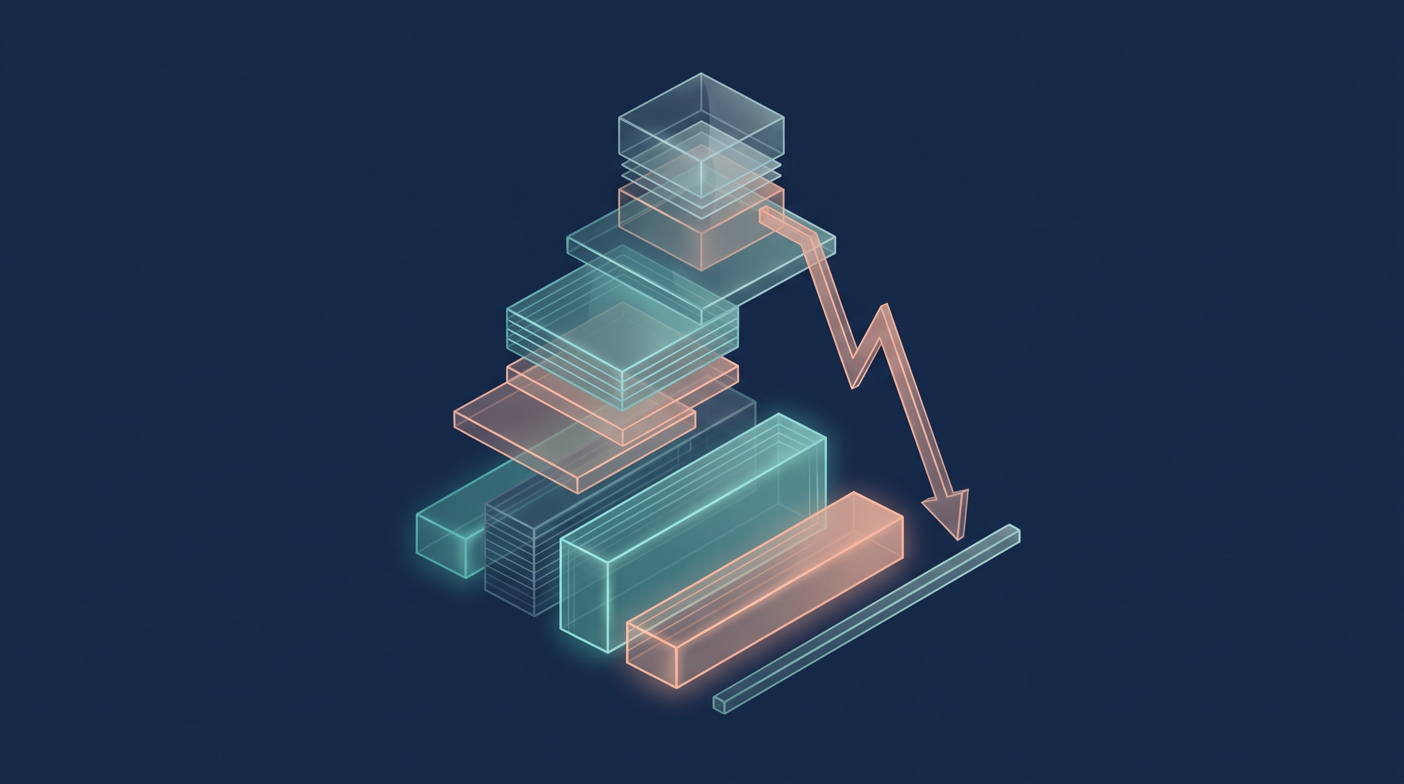 Abstract illustration of translucent glass platforms stacking upward in deep navy with teal and peach accents, representing funding subsidies layering on top of one another to lower the final cost.