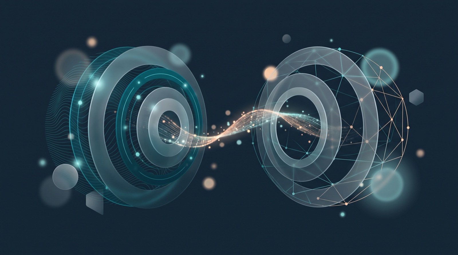 An abstract diagram-style illustration showing a well-guarded production zone beside a lightly-guarded test zone, with a stream of data flowing between them, rendered in deep navy with teal and peach accents.