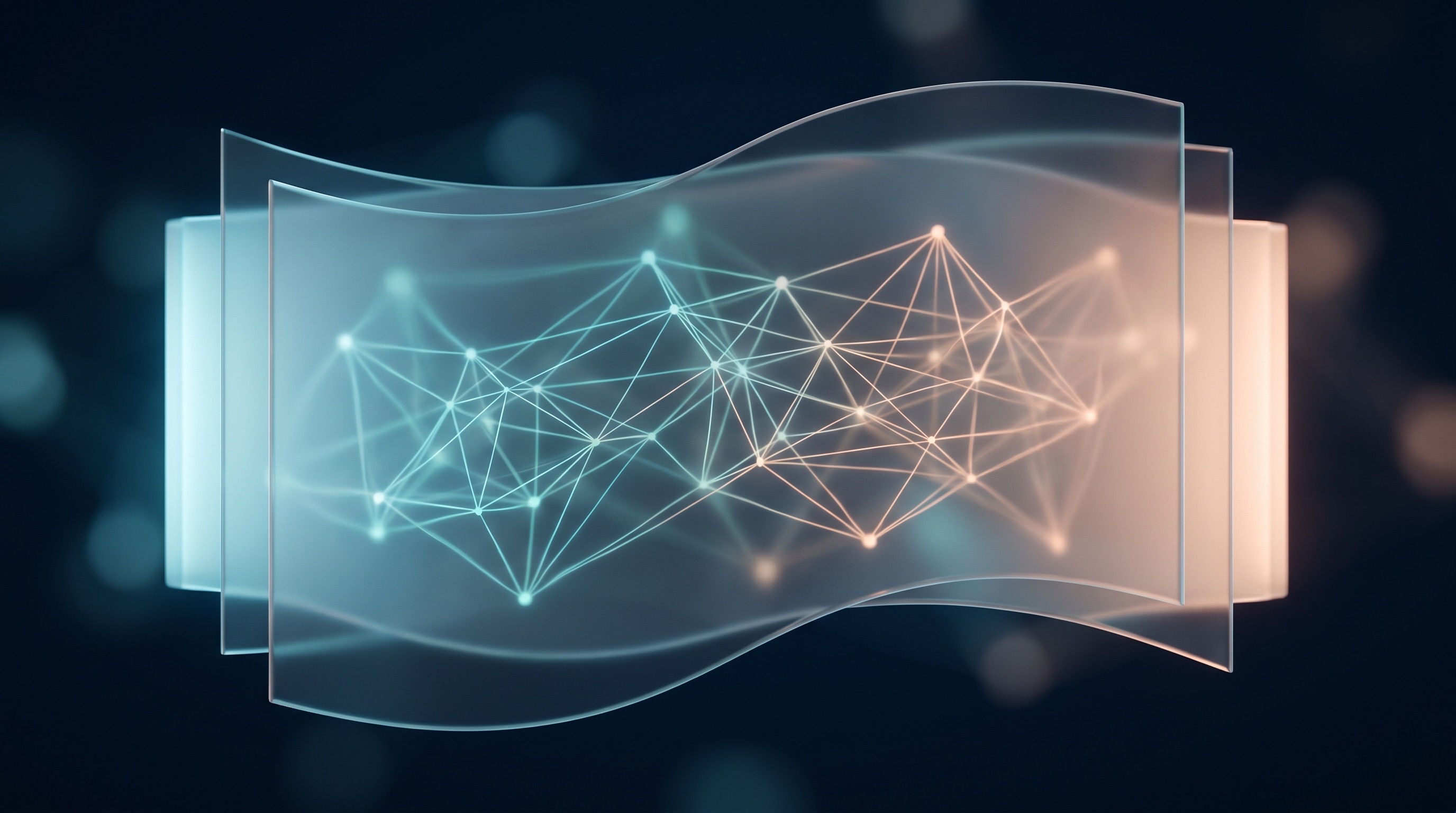 Abstract illustration of a glowing network lattice lit teal on one side and warm peach on the other, suggesting AI as two opposing forces in balance.